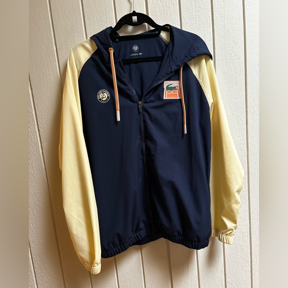 Lacoste Navy and Pale Yellow Zip-Up Hooded Jacket